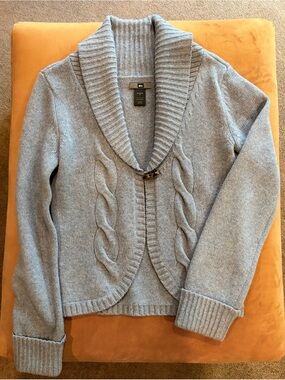REI women's gray-blue shawl collar cable toggle cardigan